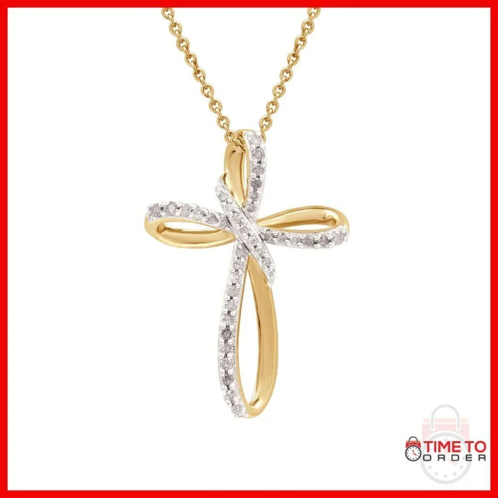 14K Gold Plated Sterling Silver Diamond Cross Pendant Necklace 18